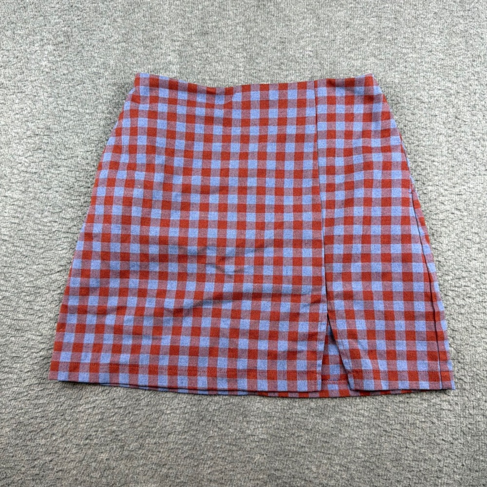 Urban Outfitters Mini Skirt Women XS Red Blue Gingham Check Front Slit OB1091892